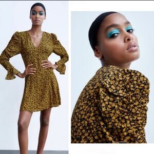 Zara Yellow Floral V-Neck Mini Dress Accent Sleeve